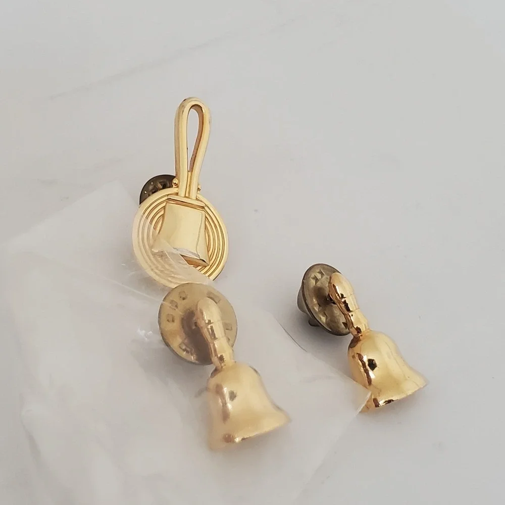 Lot of 3 Gold Tone Bell & Pan Lapel Pins Brooches Collectible Jewelry